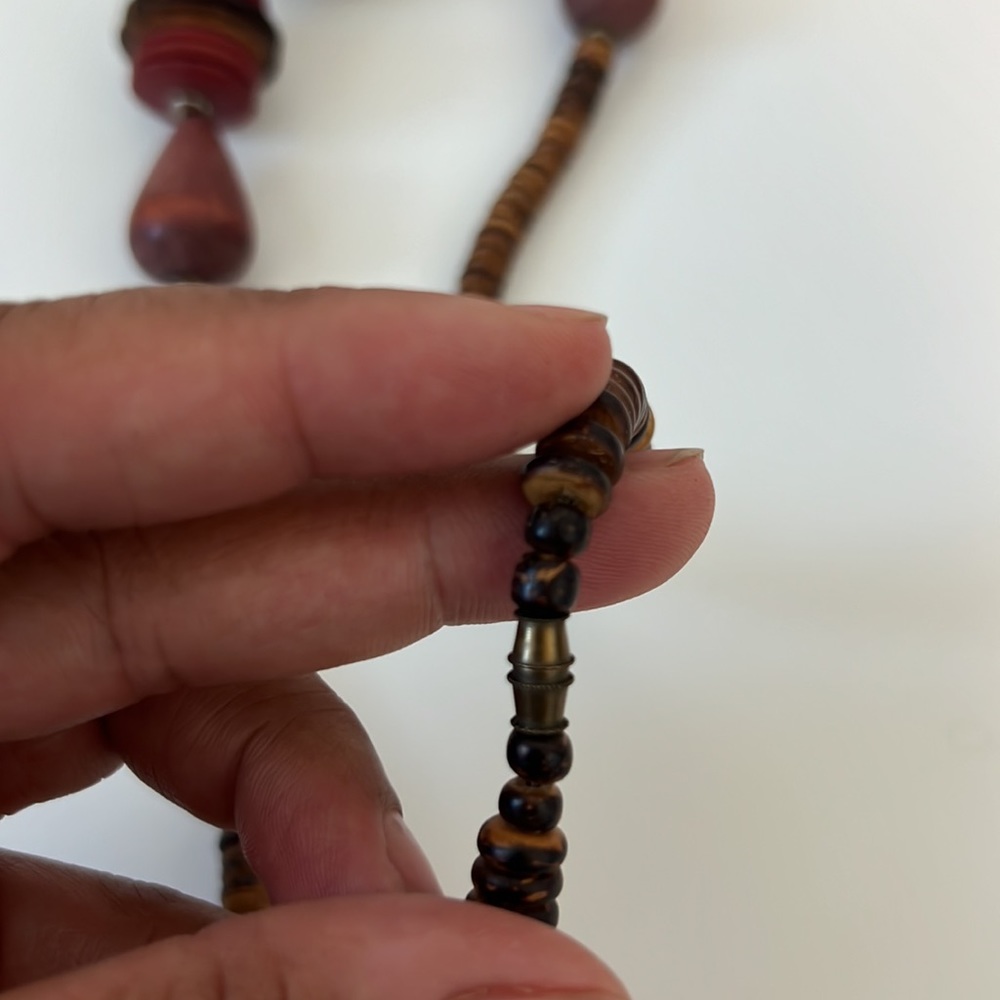 Vintage Wood Beaded Necklace w/ Mother of Pearl Mosaic - Picture 7 of 7